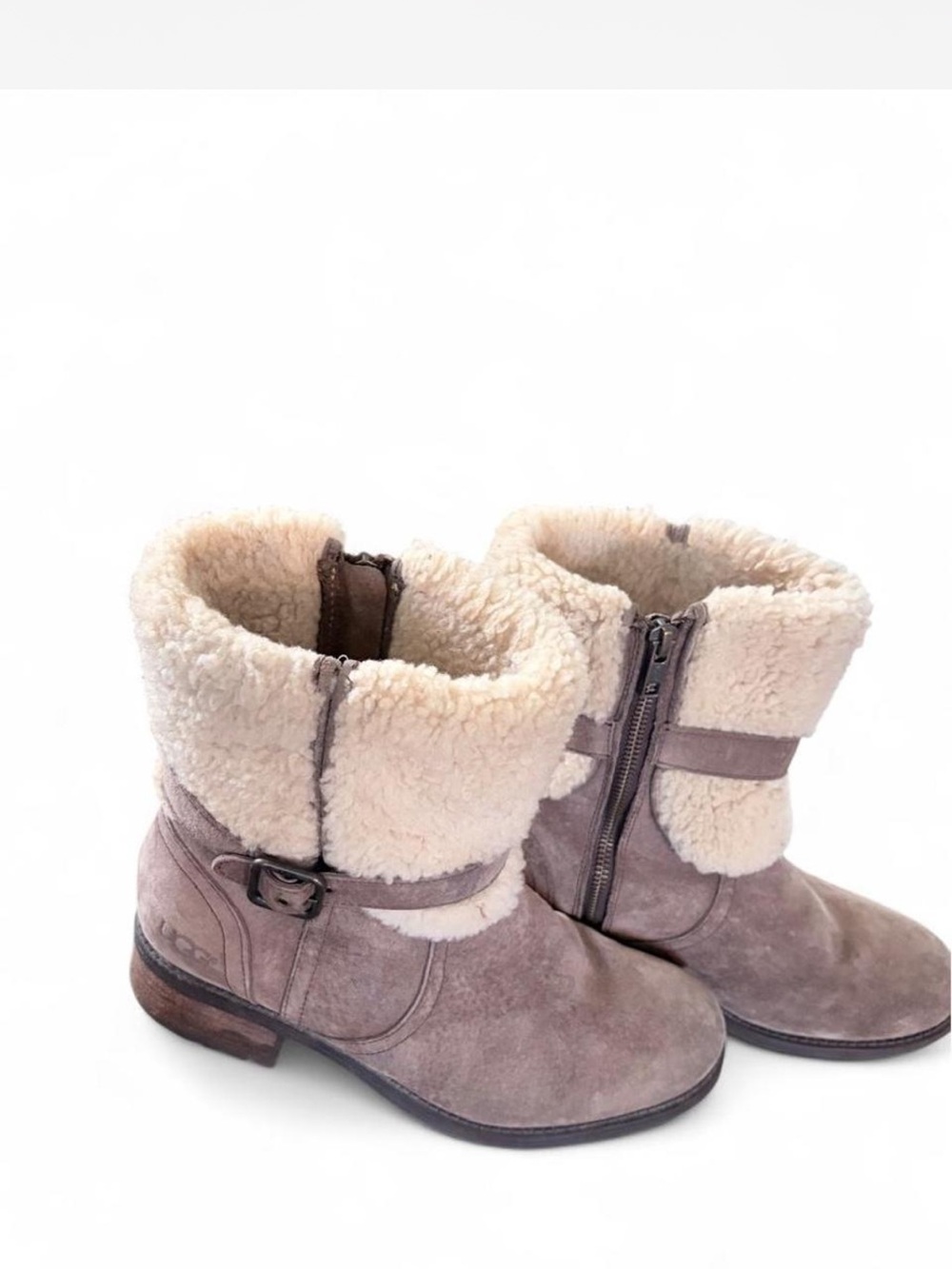 UGG Taupe Suede Shearling Cuff Ankle Boots